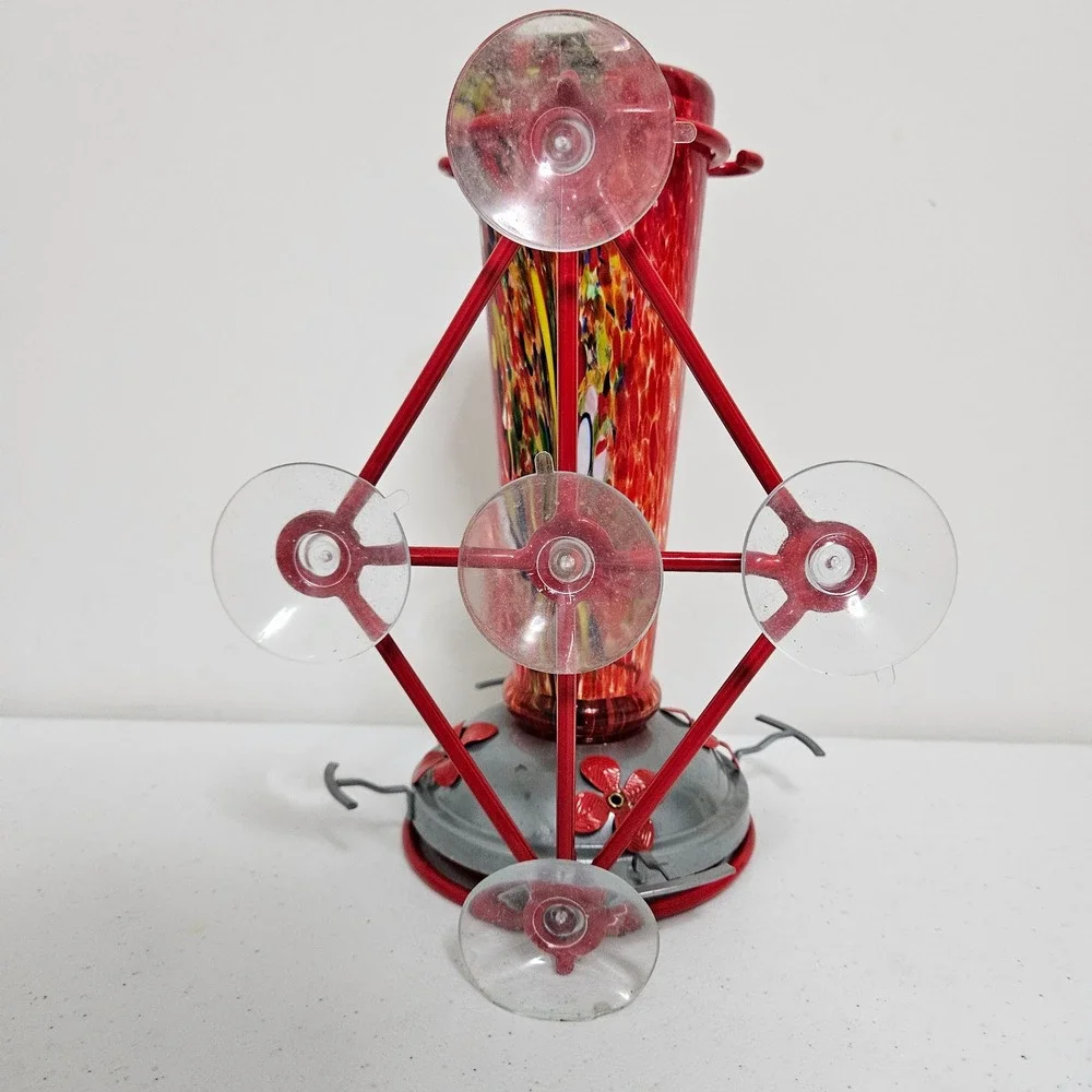 Jola's House Hand Blown Glass Art Hummingbird Feeder Red Window Mount 16 oz‎